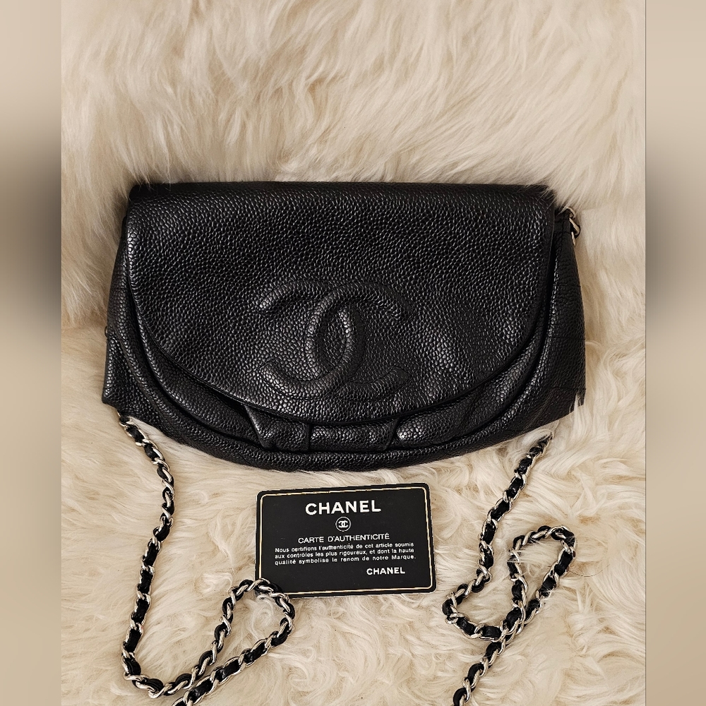 Authentic Chanel caviar half moon wallet on chain